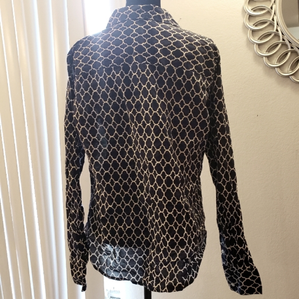 Merona Navy Blue/White Patterned Long Sleeve Shirt Large